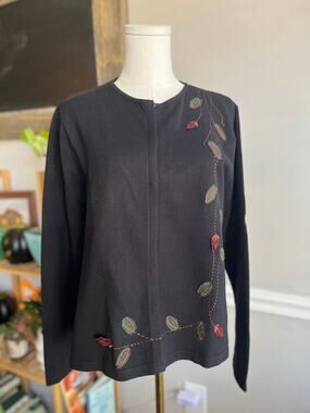 Vintage 90s Black Leaf Cardigan Sweater Knit Cotton Blend Size Large